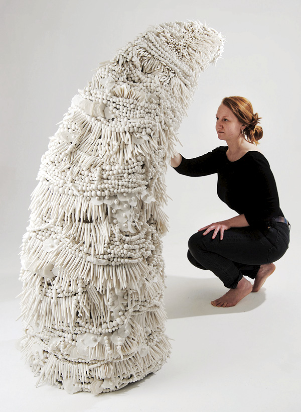 16 Brooke Armstrong’s The Function of Form, Attract, 5 ft. (1.5 m) in height, porcelain, fired to cone 8, steel, wire, 2021.