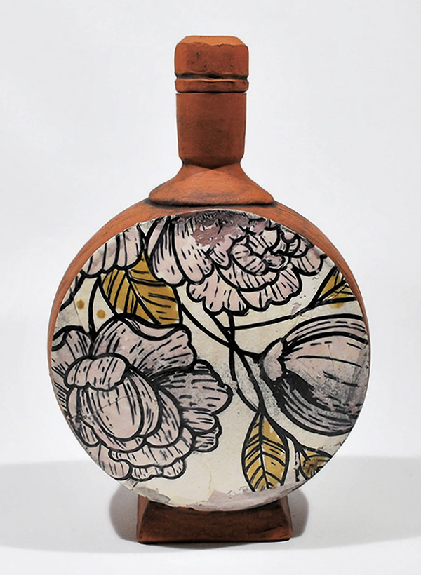 17 Sam Chumley’s Peony Flask, 9 in. (23 cm) in height, earthenware, underglaze prints, fired to cone 04 in oxidation, 2023.
