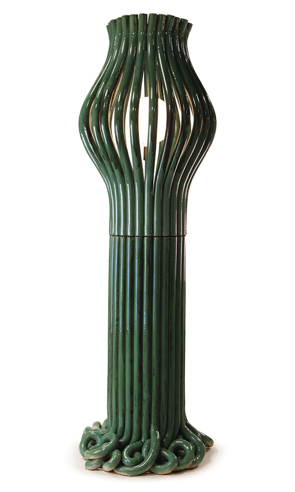 1 Daniel Shapiro’s The Rumble Floor Lamp, 6 ft. (1.8 m) in height, handbuilt and extruded stoneware, glaze, fired to cone 5.