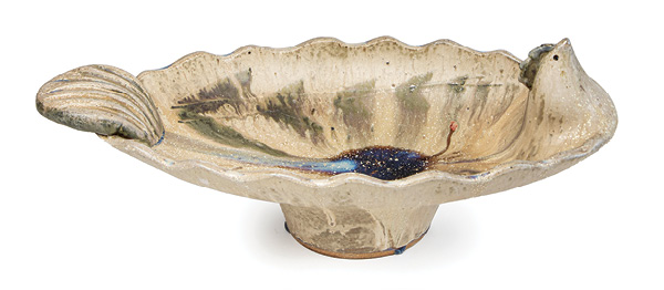 5 Galen Sedberry’s server, 17 in. (43.2 cm) in length, wheel-thrown and handbuilt stoneware, glazes, fired in reduction to cone 10 in a wood kiln.