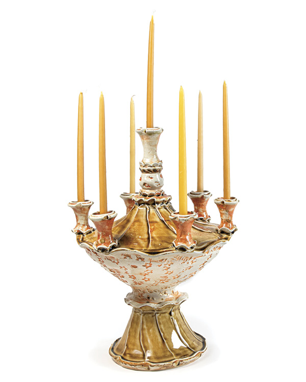 8 Gertrude Graham Smith’s candelabra, 12 in. (30.5 cm) in height, wheel-thrown and assembled porcelain, glazes, slips, fired to cone 10 in a soda kiln.