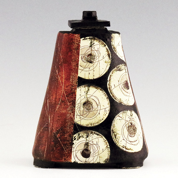 1 Kanika Sircar’s smoke jar, 7 in. (17.8 cm) in height, wheel-thrown, altered, and handbuilt stoneware, glaze, slips, underglazes, fired in oxidation to cone 6, laser decal, 2023.