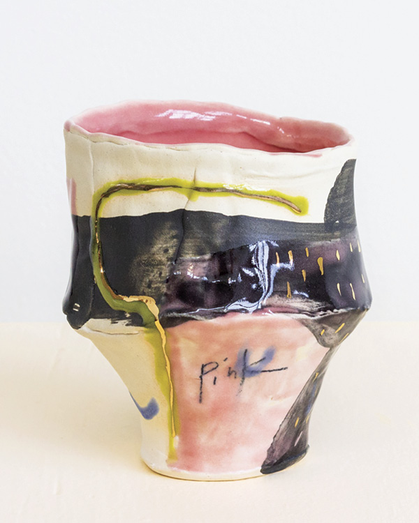 1 Laura Dirksen’s Pink Sneaks Composite, Yunomi, 4.8 in. (12 cm) in height, slab-built and wheel-thrown porcelain, glaze, wash, underglaze pencil, fired to cone 6 in a gas kiln, luster, fired to cone 018, 2023.