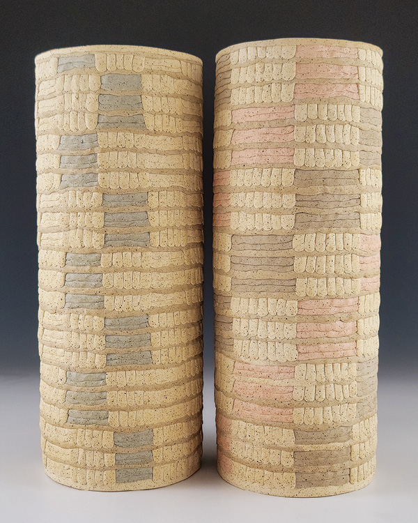 3 YoonJee Kwak’s Patterned Memories, Cylinders, to 12.5 in. (31.8 cm) in height, handbuilt stoneware, colored stoneware, 2024.