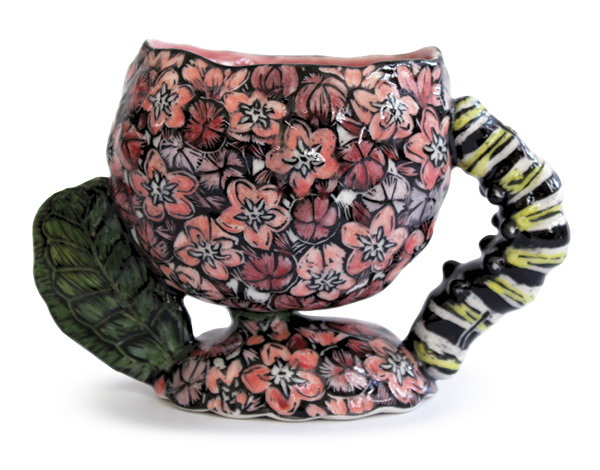 Marret Metzger’s Milkweed Chalice, 6 in. (15.2 cm) in diameter, handbuilt porcelain, sgraffito, fired in oxidation to cone 5, 2025.