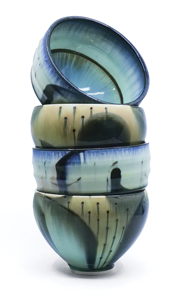 Dallas Wooten’s Painted Bowl Stack, 6 in. (15.2 cm) in height, porcelain, underglaze, multiple glazes, fired in oxidation to cone 6, 2025.