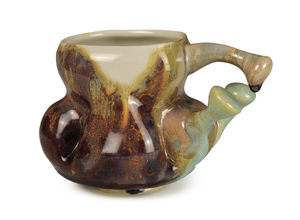 Justin Leavitt’s Cordyceps Mug No. IX, 5¾ in. (14.6 cm) in width, wheel-thrown, altered, and assembled porcelain, hollow-thrown knob handles, clear glaze, multiple iridescent rare-earth-element-dominant and zinc-silicate crystalline glazes,