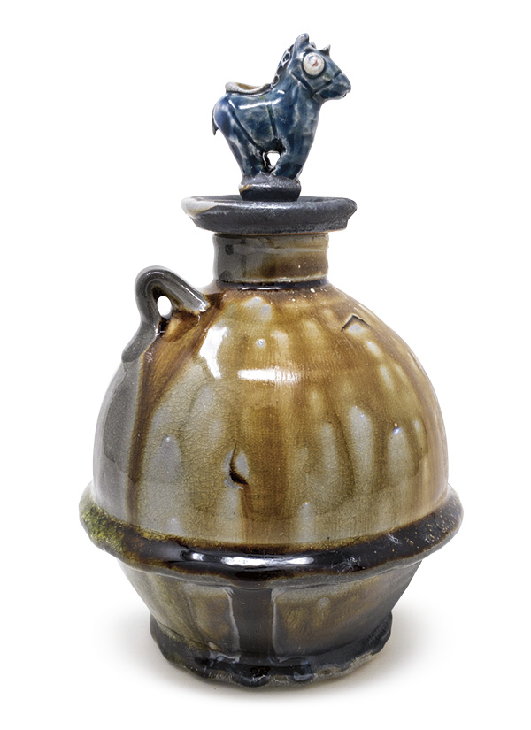 Jon Stein’s Bottle with Unicorn Stopper, 10 in. (25.4 cm) in height, B-Mix 10 clay, fired to cone 11 in a soda kiln, 2025.