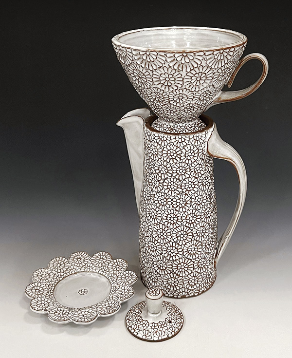Matt Hiller’s Floral Coffee Pour-over Set, to 12 in. (30.5 cm) in height, red stoneware, fired to cone 5, 2025.