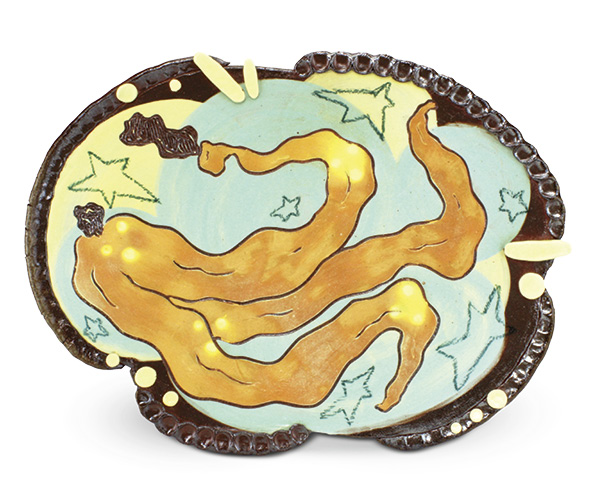 Hailey Piché’s Banana Platter, 16½ in. (41.9 cm) in width, red stoneware, terra sigillata, colored slip, glaze, underglaze, crayon, sgraffito, fired to cone 6 in a soda kiln, 2024.