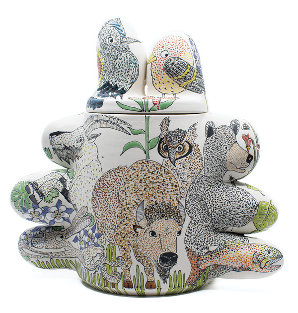 Heidi McKay Casto’s Let Us Guide You Through These Rocky Times, 11 in. (27.9 cm) in height, wheel-thrown and handbuilt porcelain, underglaze, glaze, fired in oxidation to cone 5, 2025.