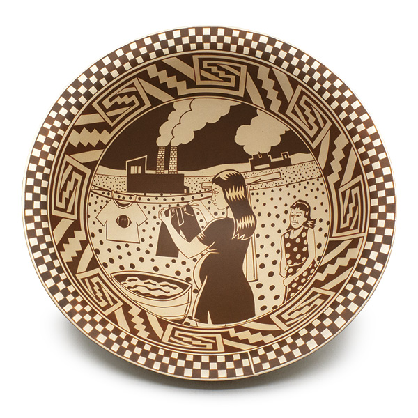 1 Diego Romero’s Women in the Anthropocene, 14⅛ in. (35.9 cm) in diameter, earthenware, slip, 2015. Collection of Carl and Marilynn Thoma, 2015.78. Copyright Diego Romero.