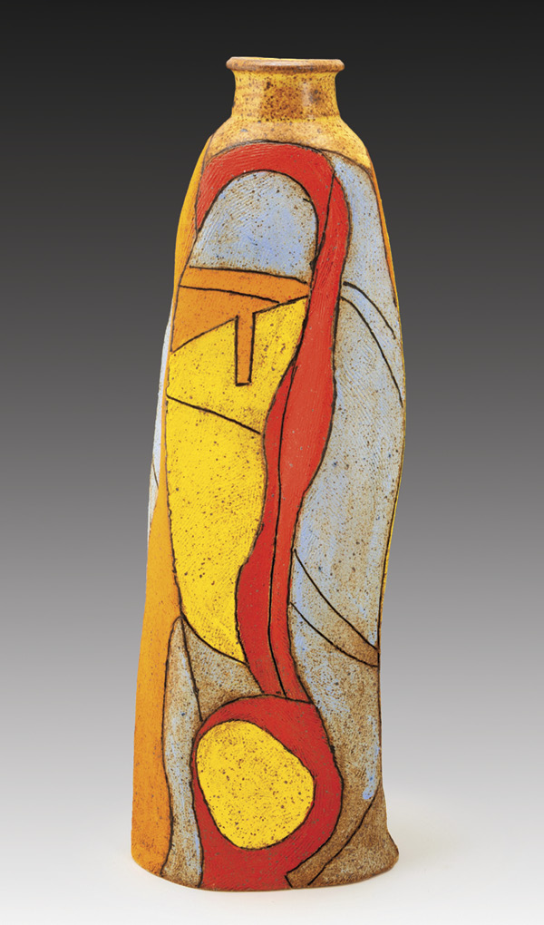 4 Janet Burner’s For Paul Klee, 21 in. (53.3 cm) in height, wheel-thrown and altered stoneware, underglaze, black wax, fired in reduction to cone 10, 2023.