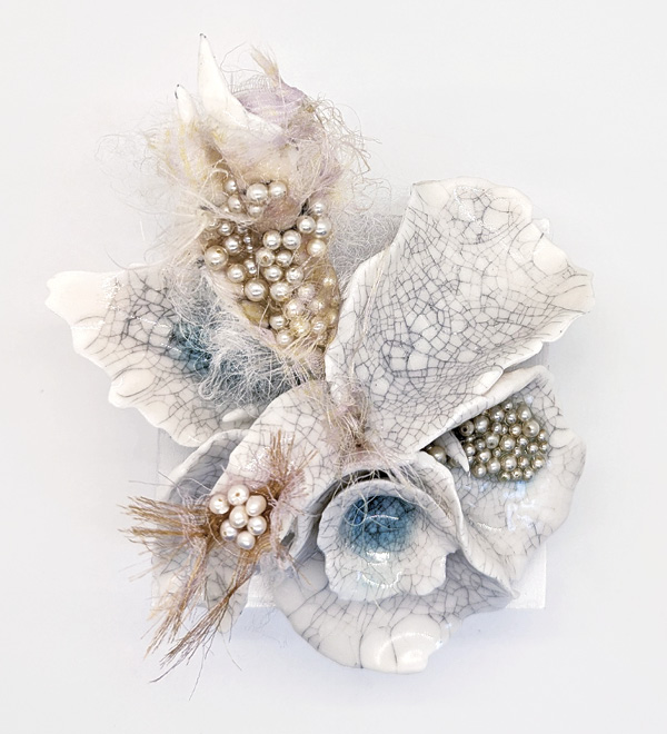 8 Rochelle Chinnery’s Herring Spawn II, 6 in. (15.2 cm) in width, porcelain, vintage lace, pearls, 2025.