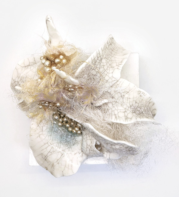 9 Rochelle Chinnery’s Herring Spawn III, 6 in. (15.2 cm) in width, porcelain, vintage lace, pearls, 2025.