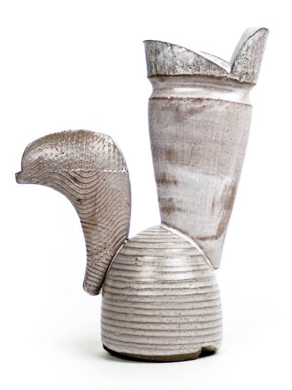 Amy Sanders' White Ewer, 10 in. (25.4 cm) in height, earthenware, glaze, fired in oxidation to cone 2 in a soda kiln.
