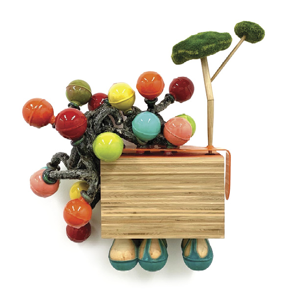 Matt Mitros’ Flower Composition no.001, 16 in. (40.6 cm) in height, slip-cast and handbuilt clay, fired in oxidation to cone 6, wood, Plexiglas, fake shrubs.