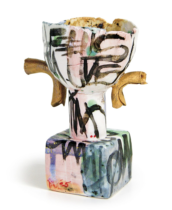 Pauly Maloney’s Guns Up, 10 in. (25.4 cm) in height, porcelain, glaze, slip, multiple firings in oxidation, gold luster, 2026.