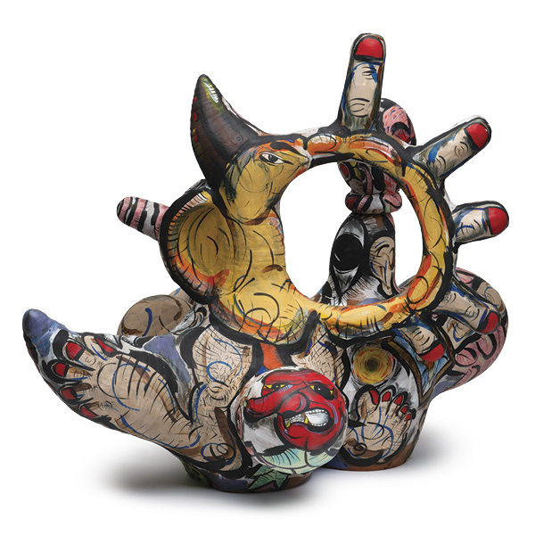 Don Nakamura’s Watch, 35 in. (88.9 cm) in width, wheel-thrown and assembled clay, underglazes, glaze, fired in oxidation to cone 6, 2025. Photo: John Carlano.