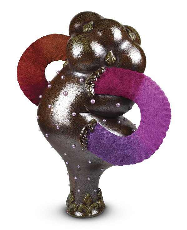 Jessika Edgar’s Flamenco Dancer, 21 in. (53.3 cm) in height, handbuilt red stoneware, fired to cone 10 in a soda kiln, glitter, Mod Podge, acrylic pearls, Preciosa crystals, 2025.