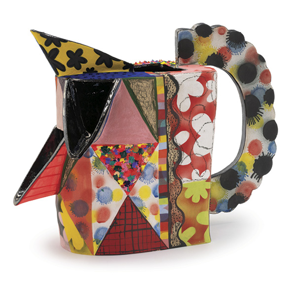 Corinna Cowles’ Triple Pour Party Pitcher, 18 in. (45.7 cm) in width, stoneware, airbrushed and brushed underglaze, underglaze pastel, acrylic, glaze, 2026.