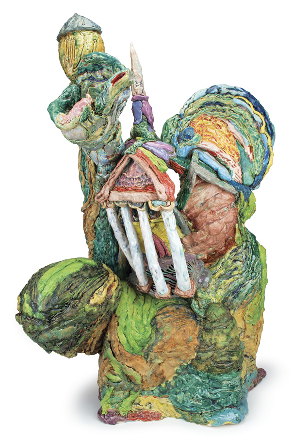 Jay Owens’ Church and State, 3 ft. (91.4 cm) in height, earthenware sculpture clay with kyanite, glazes, fired to cone 04, 2024.