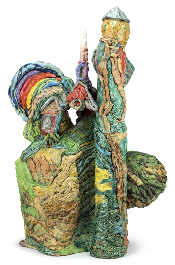 Jay Owens’ Church and State (alternate view), 3 ft. (91.4 cm) in height, earthenware sculpture clay with kyanite, glazes, fired to cone 04, 2024.