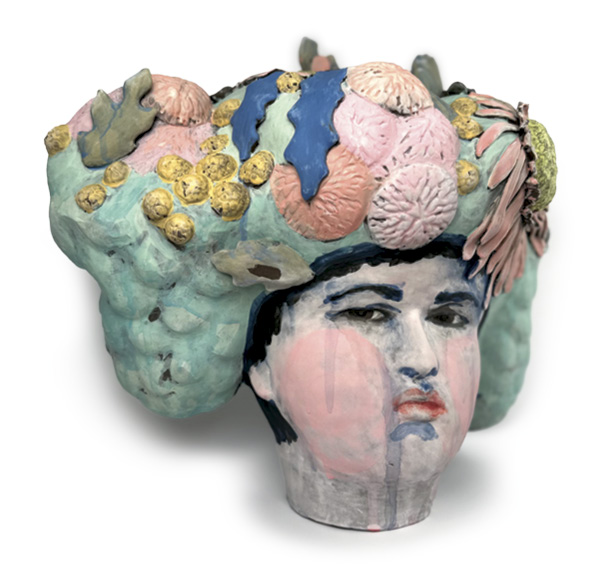 Susan Mentrak’s Femininity Wears Me, 19 in. (48.3 cm) in length, Standard 266 stoneware, colored slip, underglaze, fired in oxidation to cone 6, 2024.