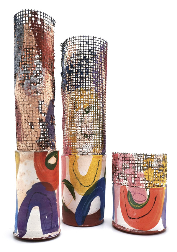 Justin Rothshank’s Vases with Steel Structure, to 11 in. (28 cm) in height, earthenware, porcelain slip, steel structure, underglaze, fired to cone 3 in a soda kiln, 2026.
