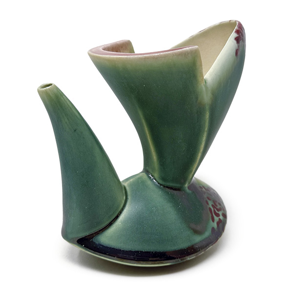 1 Deb Schwartzkopf’s cruet, 6 in. (15.2 cm) in width, handbuilt porcelain, fired to cone 6, 2025.