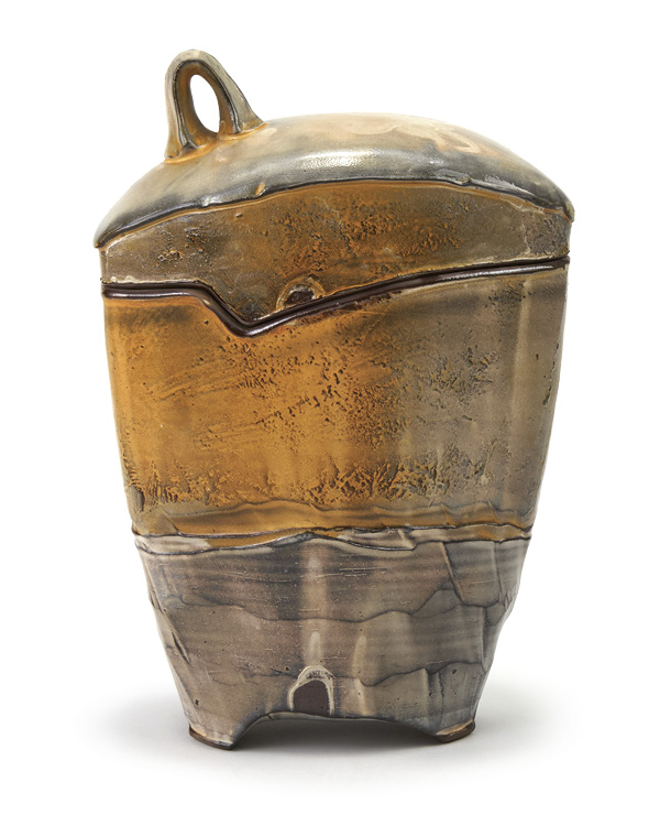 3 Heather Lepp’s covered jar, 14 in. (35.5 cm) in height, wheel-thrown and slab-built ceramic, fired to cone 3 in a soda kiln, 2025.
