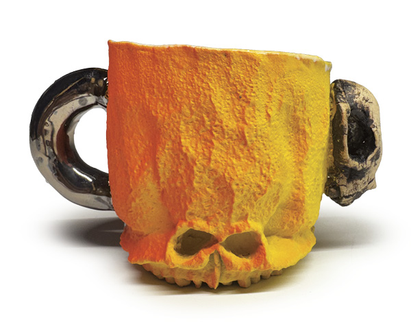 4 Zach Tate’s Untitled Mug with Skull, 6 in. (15.2 cm) in width, handbuilt stoneware, slips, underglaze, glaze, fired to cone 7, 2026.