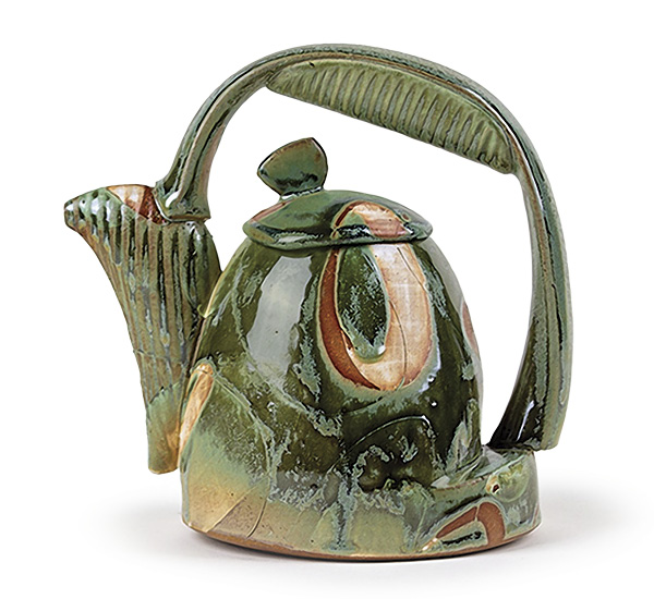 5 Amy Sanders’ moss teapot, 8 in. (20.3 cm) in height, slab-built orange stoneware, glaze, engobe, fired in oxidation to cone 6, 2025.