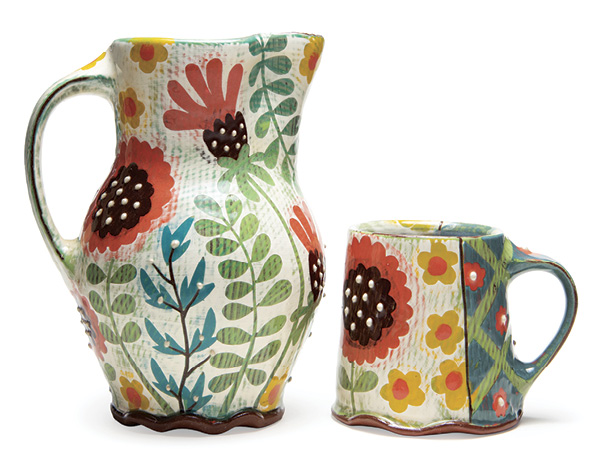 1 Amy Irish’s pitcher and cup, to 8½ in. (21.6 cm) in height, wheel-thrown red earthenware, oxide washes, glazes, fired to cone 1. Photo: Silvia Palmer.