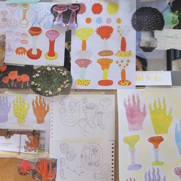 1 Iterative sketches, playing with form and color combinations, start every new vessel. Once the details are set, the forms are built in 3D-modeling software, 3D printed, and used to make a slip- casting mold.
