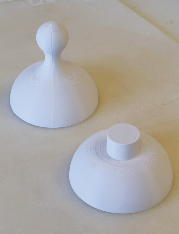 2 3D-printed plastic model; because the form at left exceeded my printer’s height limit, it was printed in two separate parts and glued together.