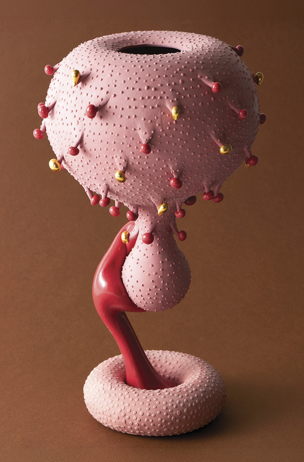 22 Salty Fairy Danji 1, 11 in. (28 cm) in height, porcelain, high-fire stain, gloop glaze, gold luster, 2025. Photo: Karin Taylor and Chris Rands.