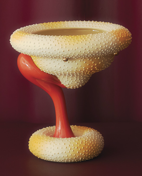 Salty Fairy Vessel Yellow, 8¼ in. (21 cm) in height, porcelain, high-fire stain, gloop glaze, gold luster, 2025. Photo: Belle Morizio.