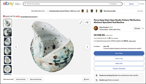8 eBay listing for “Perry Haas Style Vase Studio Pottery Tiki Exotica Abstract Speckled Teal Nautica.”