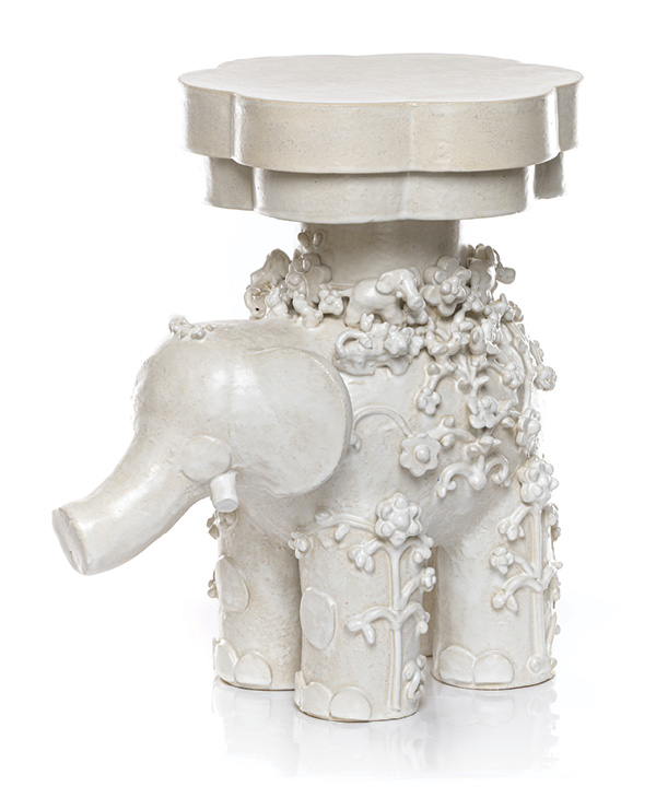 Jeffry Mitchell’s Side Table Elephant, 21½ in. (54.6 cm) in height, stoneware, glaze, 2023. Photo: Mario Gallucci.