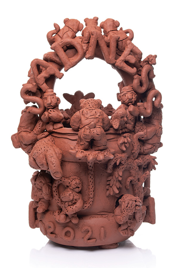 2 Terra Cotta Bucket of Happiness and Sadness (alternate view), 17½ in. (44.5 cm) in height, terra cotta, 2021. Photos: Mario Gallucci.