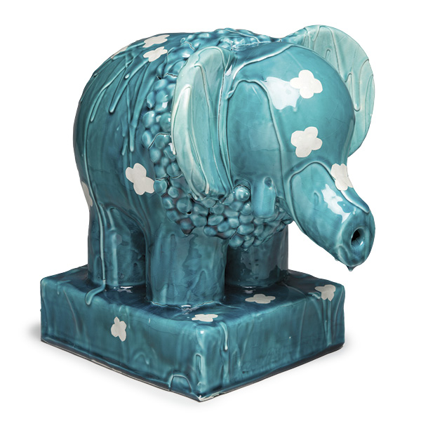 7 Turquoise Elefant with Paper Flowers 1, 12 in. (30.5 cm) in height, ceramic, glaze, 2016. Photo: Dan Kvitka.