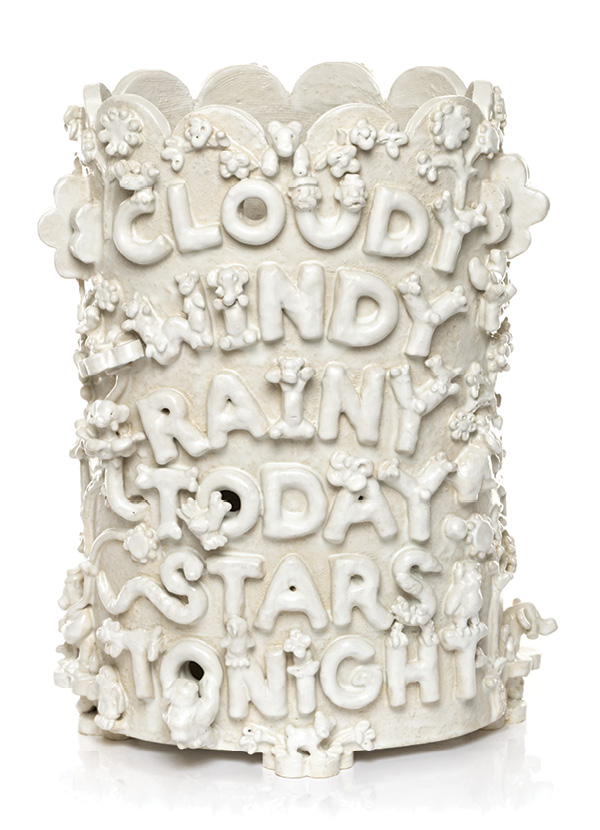 8 Cloudy Windy Rainy Today Stars Tonight Umbrella Stand, 21 in. (53.3 cm) in height, stoneware, glaze, 2023. Photo: Mario Gallucci.