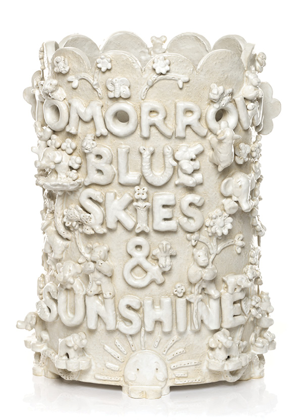 9 Cloudy Windy Rainy Today Stars Tonight Umbrella Stand (alternate view), 21 in. (53.3 cm) in height, stoneware, glaze, 2023. Photo: Mario Gallucci.