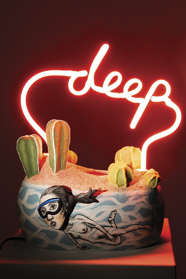 4 Hannah Pierce’s Deeper (dark), 21 in. (53.3 cm) in height, stoneware, porcelain slip, underglaze, glaze, neon (fabrication: Michael Hernandez), resin, flocking, 2025.