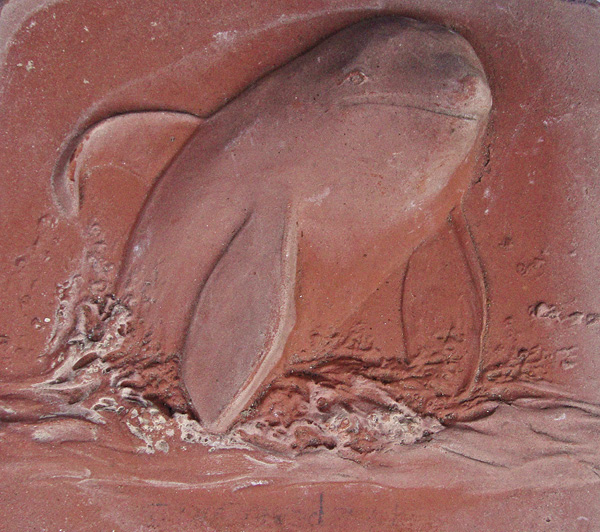 1 Low-fire, high-iron-content clay showing white soluble salt migration on raised surfaces.