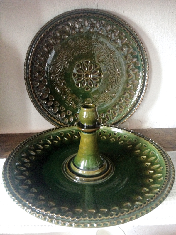 9 Újvárosi style serving platter with candle, regional clay body, fired to 1796°F (980˚C) in an electric kiln.