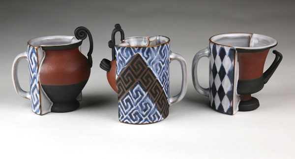 A. Blair Clemo’s Everyday Objects Series: Mugs, 5 in. (13 cm) in height, wheel-thrown and assembled red stoneware, fired to cone 6 in oxidation, 2016.