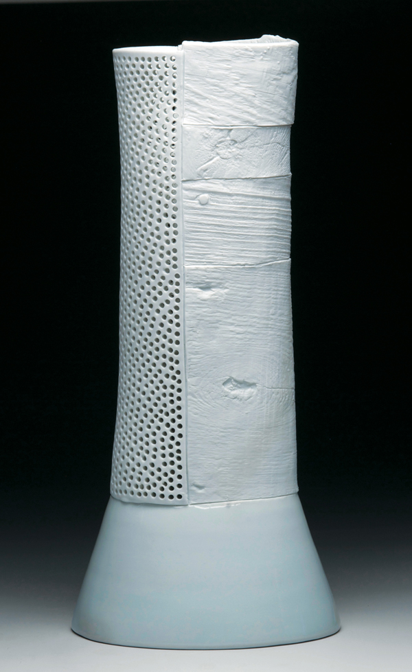 Bryan Hopkins’ vase, 14¼ in. (37 cm) in height, wheel-thrown and altered porcelain, texture applied using bisque molds, fired to cone 11 reduction in a gas kiln, 2015.