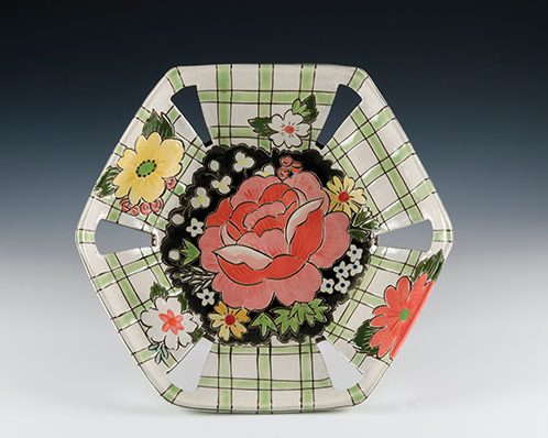 Hexagonal platter with cutouts and floral designs over a grid pattern, 2015. Photo: ARC Photographic Images.